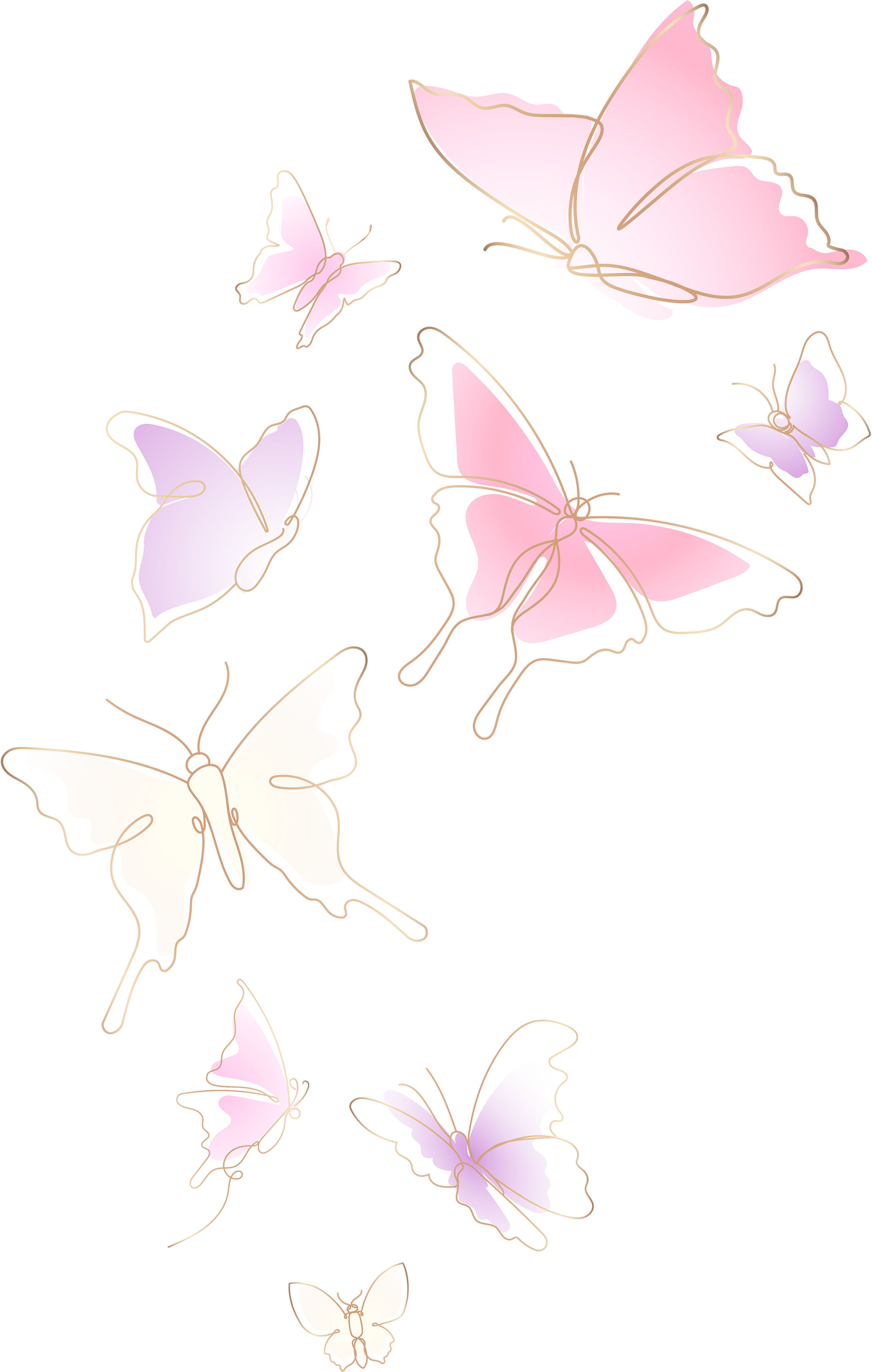 Flying butterfly png sticker, pastel pink line art clipart set